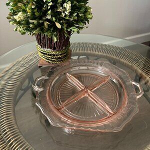 Anchor Hocking Mayfair Pink Depression Glass 4 section 2 handle Serving Platter